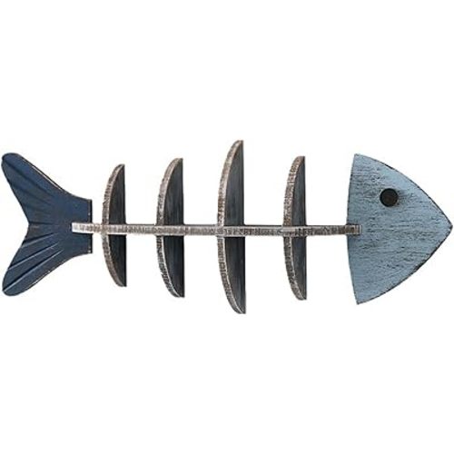 Mqnnfc Wooden Fishbone Wall Decor, 27" Wood Fish Beach Wall Decor Display Shelf, Mediterranean Style Fish Hanging Wall Art Decor, Vintage Fishbone Decor for Home Lake House, Study, Bedrooms Decor (A)