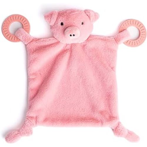 Bella Tunno Teether Buddy – Soft, Plush Baby Lovey with Textured Baby Teether Toy and Gentle Rattling Head, Comforts and Brings Teething Relief, Colorful Animal-Themed Baby Teething Toys (Pig)