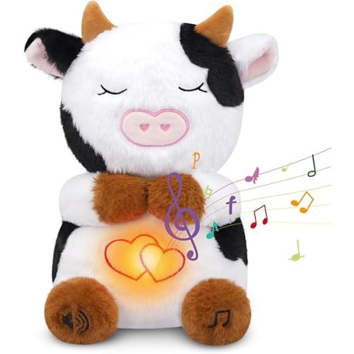 Breathing Cow Stuffed Animal, 11inch Cow Plush Soothing Stuffed Animal with Calming Music, Lights, Soft Breathing Plush for Kids, Adult (3-Levels Mode & Volume)