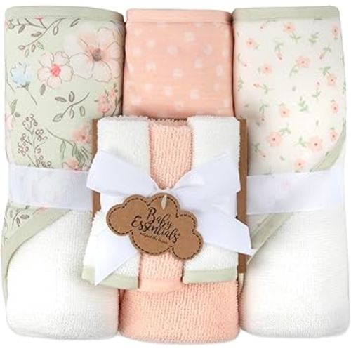 Hooded Baby Bath Towel and Washcloth 6 Piece Set for Newborns, Infants & Toddlers, Boys & Girls Baby Hooded Towels Set Floral Pink
