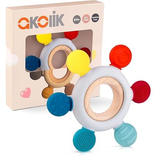 akolik Teething Toys for Babies, Baby Teethers Toy Teething Ring Silicone, Grasping Teething Toy, BPA Free Teething Nursing Accessories for 3+ Months Boy, Girl Toddlers (Blue)