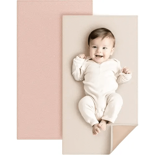 Konssy Faux Leather Baby Changing Mat, Waterproof, Wipeable & Portable Diaper Changing Pad for Travel or Home, Fits Perfectly in Diaper Bag, 32 x 20 inches (Blush,Beige)