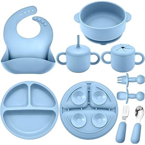 Silicone Baby Feeding Set, Baby Led Weaning Supplies, Eating Essentials Utensils with Suction Plate and Bowl, Pocket Bib, Sippy Cup with Lid, Forks Spoons Snack Container, for 6+ Months, Blue