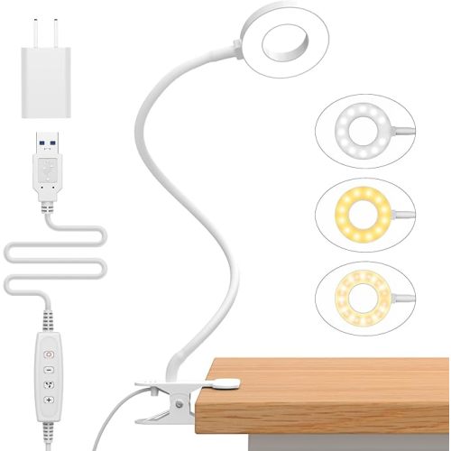 iZELL Reading Light, USB Clamp Lamp for Child Reading Book in Bed at Night, LED Small Desk Lamp with Adjustable Gooseneck Clip on Beside Table for Studying Working Drafting Sewing - 15.8‘’ White