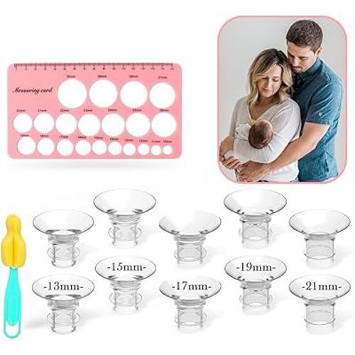Breast Pump Flange Insert Kit - 3 in 1 Flange Sizing Kit - 10 Sizes (13/15/17/19/21mm) + Nipple Gauge & Cleaning Brush - Compatible with 24mm Pumps - Momcozy, Spectra & More
