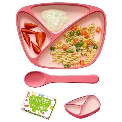 Non-Slip Suction Plates for Baby Toddler, BPA Free Silicone Toddler Plates with Suction for Self Feeding & Baby Led Weaning, Divided Dishes and Spoon Set, Non-Toxic, Dishwasher Safe