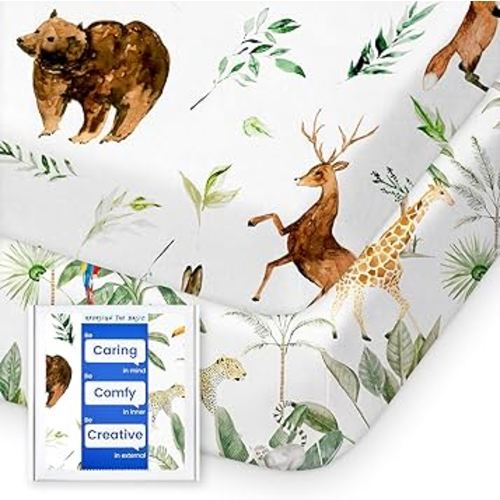 Pack N Play Sheets Fitted, TotBasic Ultra Soft Woodland Mini Crib Sheets, Premium Jersey Knit Pack and Play Sheets, Stretchy Neutral Play Yard Sheets for Pack and Play Mattress, 2 Pack (Animal Safari)