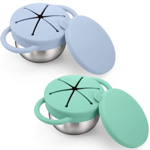 BUSOHA 2 Pack Stainless Steel Toddler Snack Cups - 9 OZ Spill-Proof Baby Snack Containers with Silicone Catcher and Lid Travel Snack Containers for Kids Food Grade Silicone Dishwasher Safe