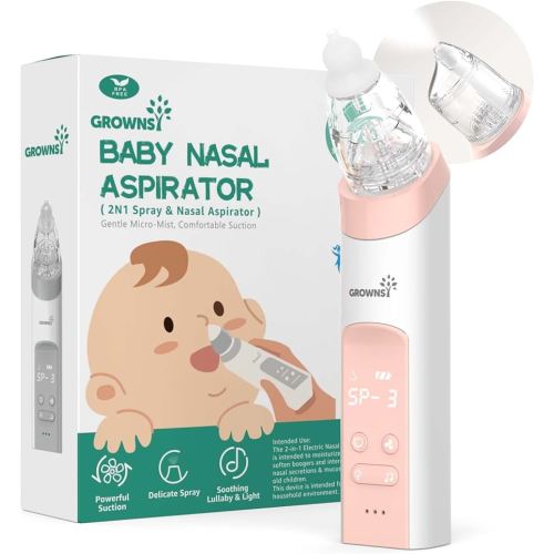 GROWNSY Nasal Aspirator for Baby, 2-in-1 Electric Nose Spray & Suction, Baby Nose Sucker with Powerful Suction, Music and Light Soothing Function, Pink