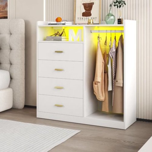 Frmobepts White Dresser for Bedroom with Clothing Rack,Dressers& Chests of Drawers,4 Drawer Dresser with LED Lights,Modern Long Led Dresser for Bedroom Closet