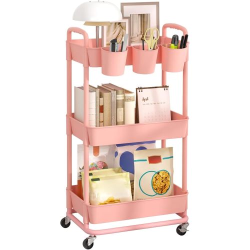 JIUYOTREE 3-Tier Plastic Rolling Storage Cart Utility Cart with Extra Hanging Cups Handles Lockable Wheels for Living Room Bathroom Kitchen Office Pink