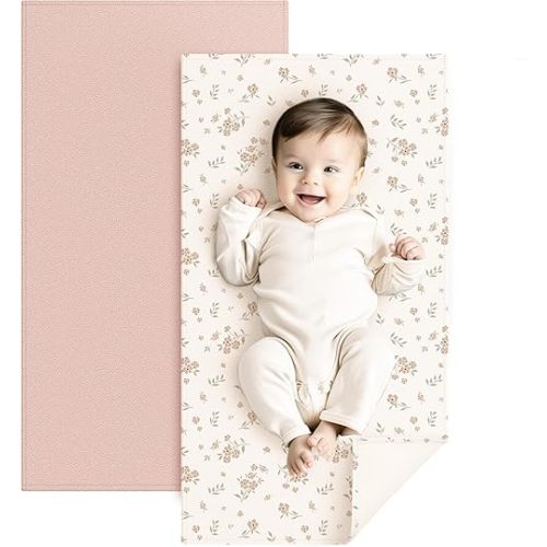 Konssy Faux Leather Baby Changing Mat, Waterproof, Wipeable & Portable Diaper Changing Pad for Travel or Home, Fits Perfectly in Diaper Bag, 30 x 17 inches (Blossom,Pink)