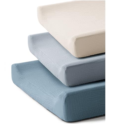 3 Pack Muslin Changing Pad Covers for Girl Boy, 100% Soft Cotton Changing Table Cover, Breathable Baby Nursery Diaper Chang Pad Sheets (Blue)