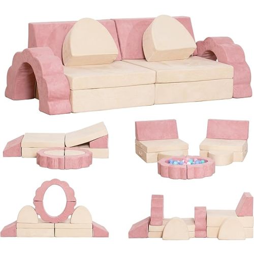 Kids Couch 10PCS, Toddler Couch Modular Kids Play Couch, Multifunctional Foam Play Couch for Playroom Bedroom, Imaginative Convertible Floor Cushion, Kids Couch Toddler Sofa for Girls and Boys - Pink & Beige