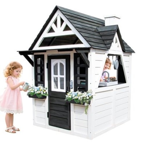 iRerts Outdoor Playhouse, Wooden Playhouse for Kids Outdoor, Kids Play House with Front Door, Flower Pot Holders, Stove, Sink, Doorbell, Windows, Indoor Outdoor Kids Play Equipment Gift for Ages 2+