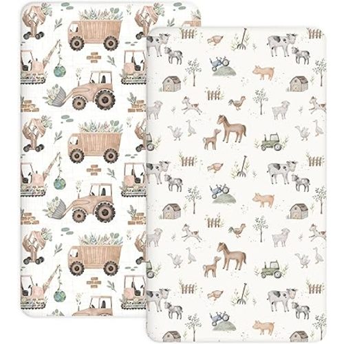 Crib Sheets for Boys Girls, 2 Pack Jersey Knit Fitted Crib Sheets for Standard Toddler Mattress 28"x 52", Soft and Breathable Baby Bedding (Little Farm)