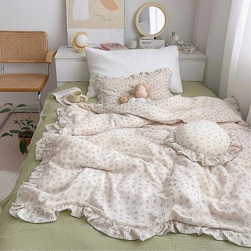 BuLuTu Muslin Cotton Toddler Duvet Cover Soft Double Layers Gauze Bedding Duvet Covers for Toddler Girls Kids Quilt Cover, 47"x59", Azalea Print (No Pillow Cases)