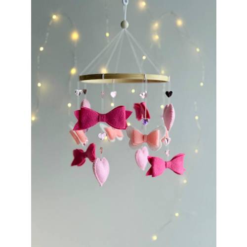Pink Heart and Bow Baby Mobile - Handmade Nursery Decor for Baby Girl  | Felt Crib Mobile | Cute Baby Shower Gift | Mobile for Newborns
