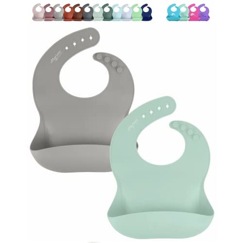 otterlove Silicone Bib – 100% Pure Platinum LFGB Baby Bibs with No Fillers – Wide Food Catching Pocket – Easy Clean – Mess Proof – Dishwasher Safe – BPA & Phthalate Free (2 Bib Pack - Sage & Sand)