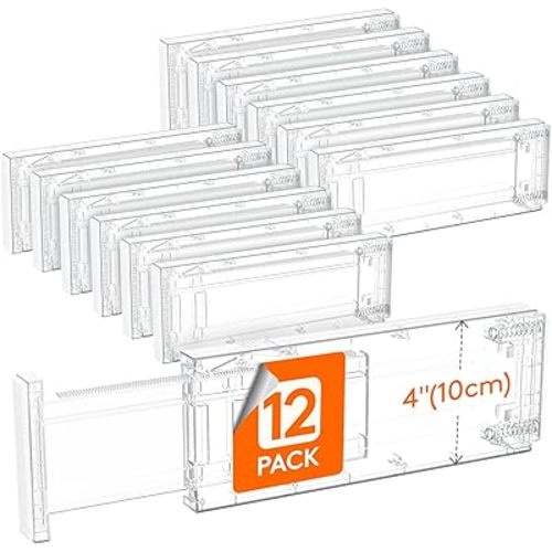 Lifewit 12 Pack Drawer Dividers 4" High, 11-17" Adjustable Dresser Drawer Organizers for Clothes, Expandable Dresser Separators in Bedroom/Bathroom/Kitchen/Vanity/Office Organization and Storage,Clear