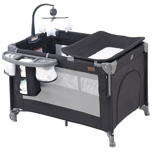 ACCOMBE 5 in 1 Baby Playard Bedside Sleeper,Baby Pack and Play with Bassinet & Mattress (BC-21M)