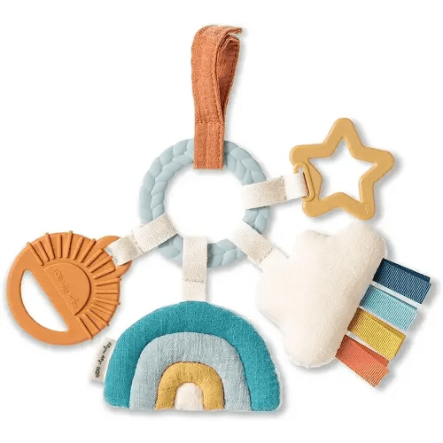 Itzy Ritzy Teething Activity Toy - Bitzy Busy Ring Features Braided Teething Ring and Dangling Toys; Includes Teether, Textured Ribbons, Crinkle Sound & Jingle Bell, Rainbow