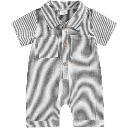 Newborn Baby Boy Clothes Stripe Print Button Down Romper Short Sleeve Collared Onesie Summer One Piece Jumpsuit