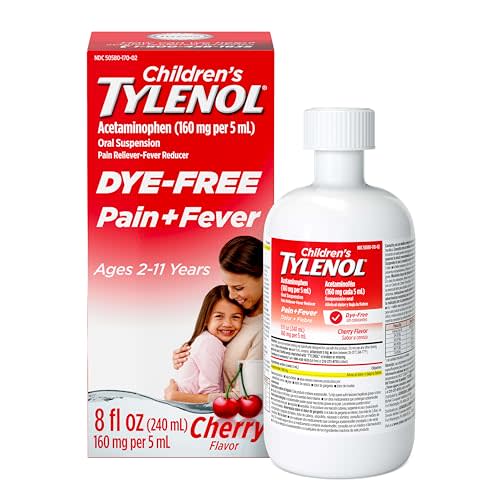 Children’s Liquid Tylenol, Dye-Free, Acetaminophen Oral Suspension, Alcohol-, Paraben-, and Ibuprofen-Free, Pain Relief and Fever Reducer, Measuring Cup for Dosing, Cherry Flavor, 8 Fluid Ounces