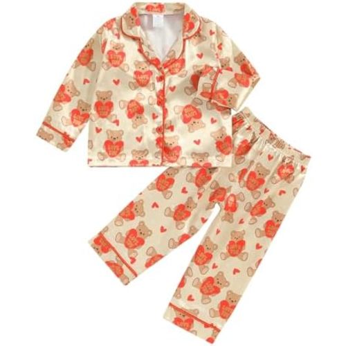 MAINESAKA Toddler Baby Girl Silk Satin Pajamas Valentines Day Pjs Heart Print Button Down Shirt Shorts/Long Pants Sleepwear