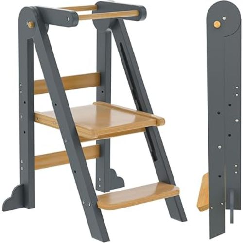 Toddler Tower, Foldable Step Stool for Toddlers, Toddler Kitchen Stool Helper with 3 Adjustable Height Safty Rail and Anti-Tip Structure, Learning Tower for Toddlers Kids Baby
