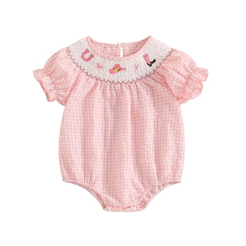 FIOMVA Toddler Baby Girl Clothes Summer Smocked Romper Bow Embroidery Bubble Onesie Short Sleeve Cute Bodysuit Outfits