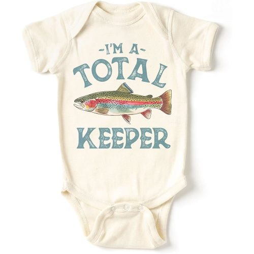 I'm A Total Keeper Baby Bodysuit - Rainbow Trout Fly Fishing Pregnancy Reveal Outfit - Cute Infant Shower Gift For Boys & Girls