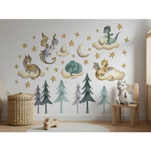 Cute Dragon Wall Decal, Forest Tree Wall Decal, Watercolor Nursery Decals, Kids Playroom Decor, Stars, Moon, Clouds, Fantasy, Peel and Stick