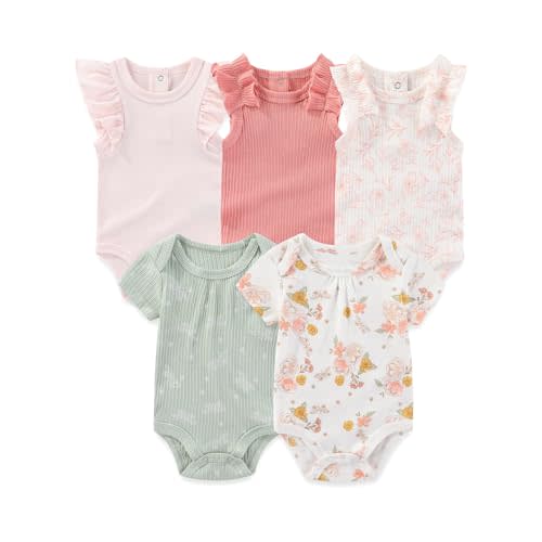 MAMIMAKA Newborn Baby Short Sleeve Bodysuits Cotton One-Piece Baby Boy Girl Clothes 5-Pack