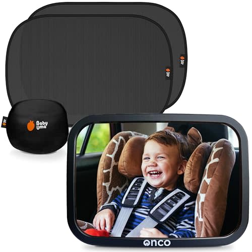 Onco Baby Car Mirror & Car Window Shades Bundle (18.9  12) - UPF 50+ Window Shade, 100% Shatter-Proof Car Mirror for Baby, Universal Shades & Mirror