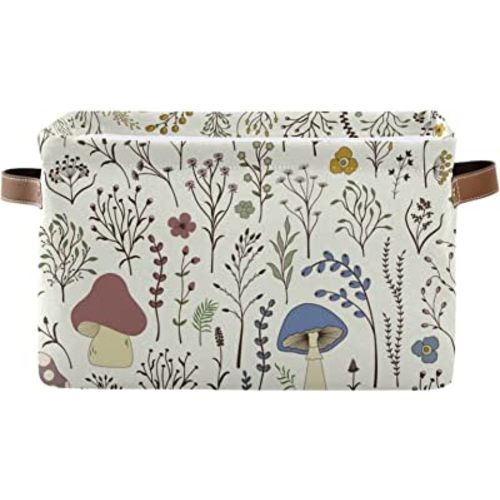Mushroom Storage Basket Collapsible Rectangle Storage Bin Shelves Basket Organizer with Leather Handle for Closet, Office, Nursery, Home Decor