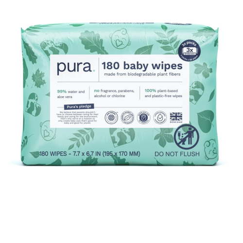 Pura Fragrance Free Sensitive EWG Verified Plastic Free Wipes, 180 Count (Choose Your Count)