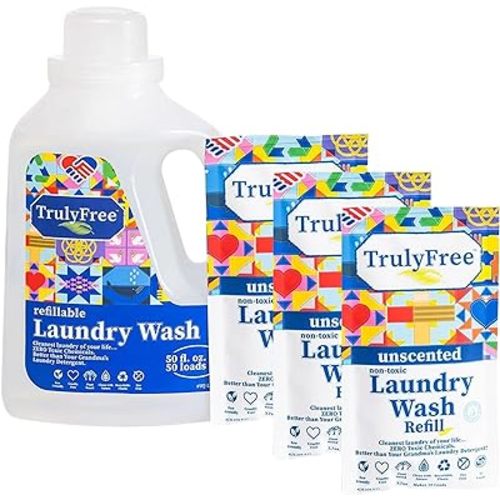 Truly Free Laundry Wash Detergent for Sensitive Skin, Gentle & Safe for Baby Clothes | Plant-Based, Natural Ingredients | Unscented | Include 1 Refillable Bottle (150 Loads)