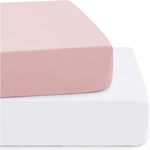 Vonty 2 Pack Breathable Fitted Crib Sheet for Boys and Girls - Rayon Derived from Bamboo, White & Pink Crib Sheets Neutral Crib Mattress Sheet Organic Crib Sheets for Baby(52" x 28")