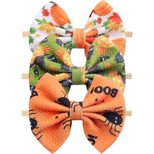 Halloween Baby Headband Cheer Bow, Baby Girl Orange Pumpkin Hair Bow Ghost Printed Elastic Nylon Halloween Hairbands for Baby Girls Newborn and Infant, 3 Pcs (Type A)