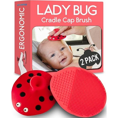 SplashEZ Cradle Cap Brush for Babies | Soothing Newborn Head Massager | Food-Grade Soft Silicone Baby Bath Brush & Scalp Scrubber | Infant Cradle Cap Comb - Organic Shape & Ladybug Design, 2-Pack