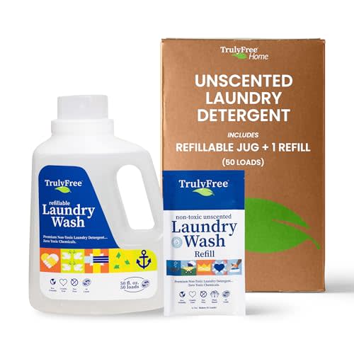 Truly Free Laundry Wash Detergent for Sensitive Skin, Gentle & Safe for Baby Clothes | Plant-Based, Natural Ingredients | Unscented | Include 1 Refillable Bottle (50 Loads)