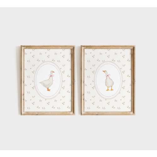 Goose Nursery Wall Art Set, Duck Girl Nursery Decor, Neutral Floral Goose Print, Coquette Goose Pink Bow Wall Art, Vintage Girl Room
