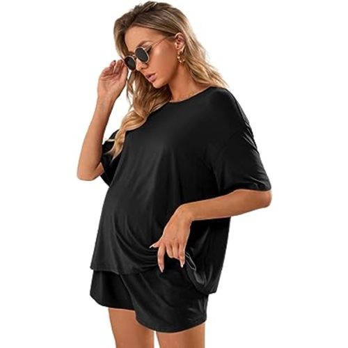 Verdusa Women's Maternity Pajama Set 2 Piece Drop Shoulder Top and Short Lounge Sets