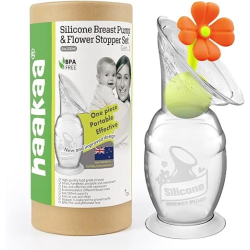 haakaa Manual Breast Pump Hand Pump Milk Pump Breast Milk Collector with Suction Base and Flower Stopper 100% Food Grade Silicone BPA Free (5oz/150ml) (Orange)