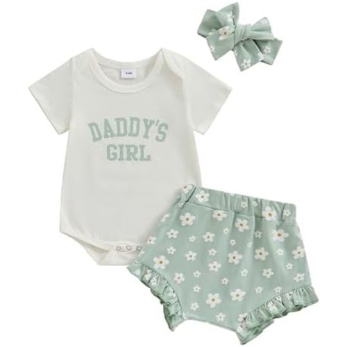 Newborn Baby Girl Clothes Daddys Girl Short Sleeve Romper Daisy Ruffle Shorts Headband 3Pcs Summer Outfit 0-18M