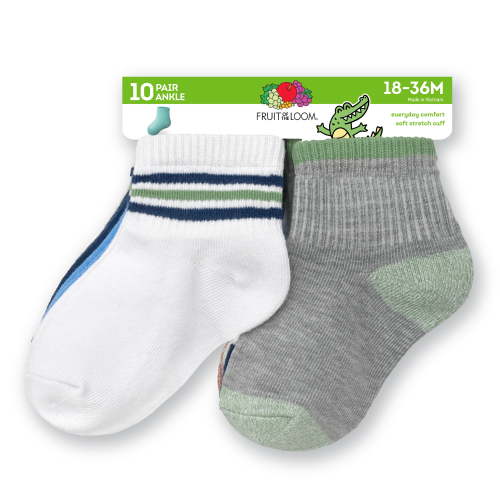 Fruit of the Loom Toddler Ankle Socks, 10- Pack, Size 6M-5T