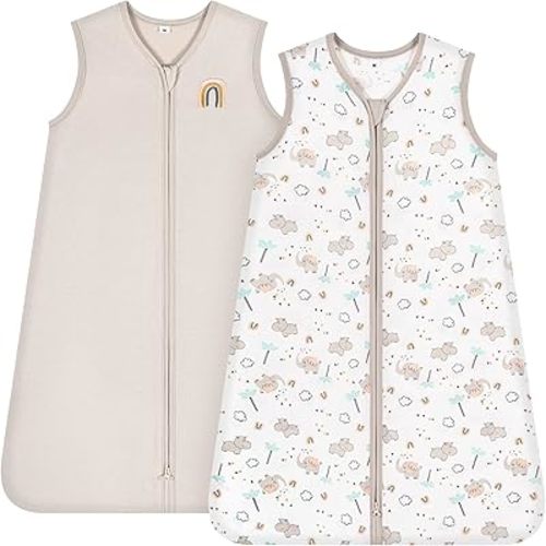 TILLYOU Sleep Sack 18-24 Months - 0.5 TOG Baby Wearable Blanket with 2-Way Zipper, Extra Soft Cotton Sleeveless Sleeping sack 2 Pack, Happy Forest & Nude