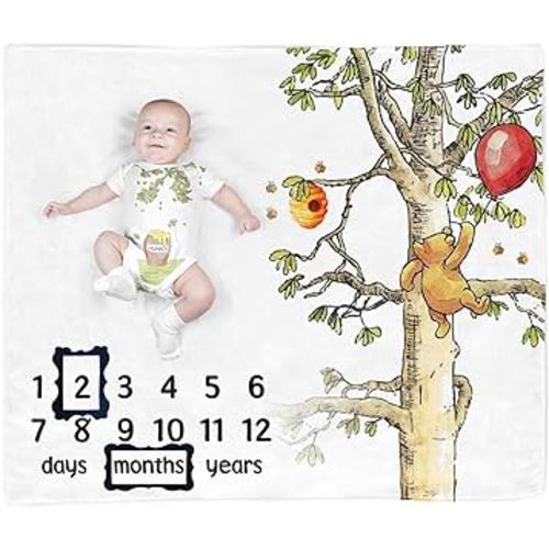 The Pooh Bear and Honey Baby Monthly Milestone Blanket, Gift Stuff for Newborn Baby Boy & Girl Photo Taken - Baby Age Blanket with 2 Frame