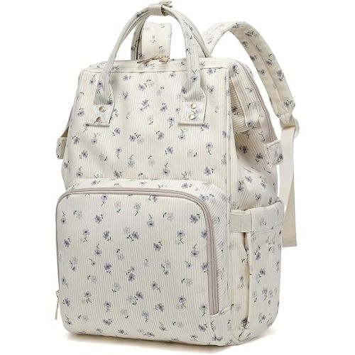 Baby Diaper Bag Backpack for Mom, Large Capacity Travel Nappy Bag for Boys & Girls with Stroller Straps (Corduroy Flowers Purple)